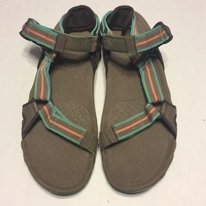 Mint, coral and brown Tevas